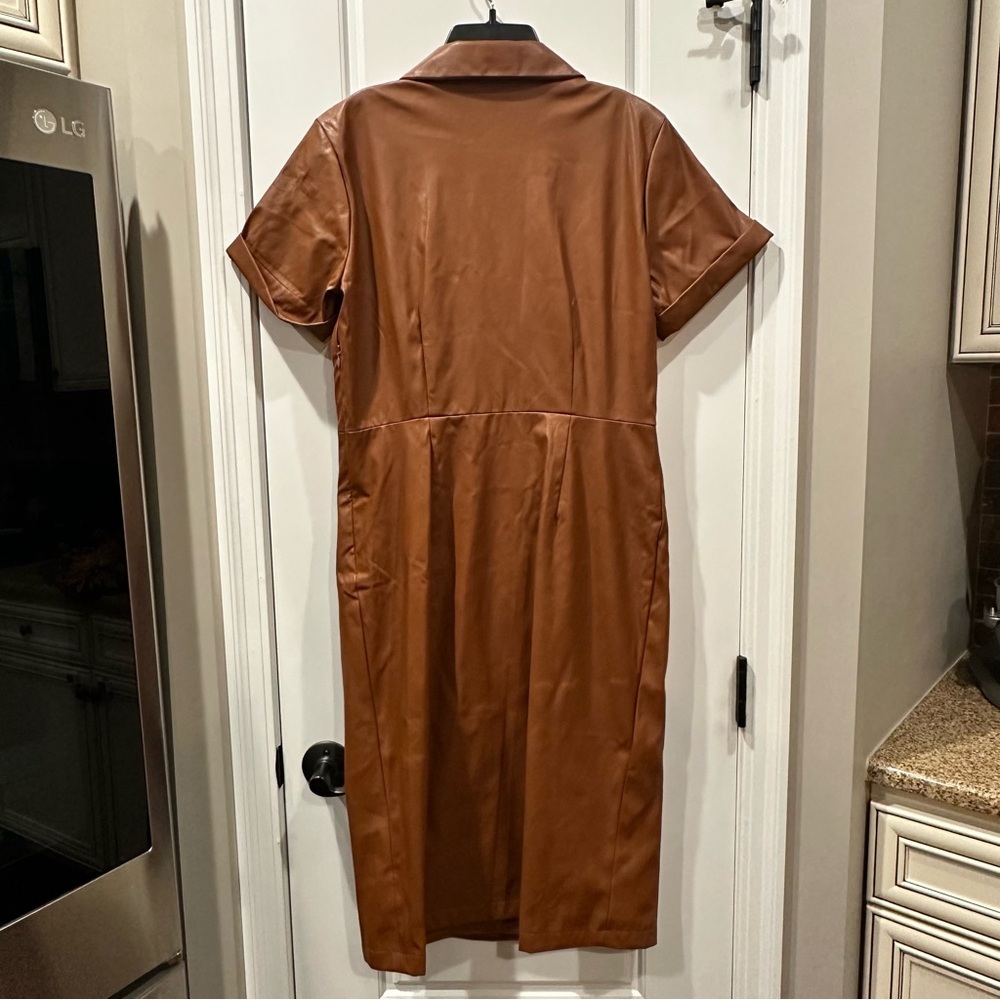 Nine West Faux-Leather Cognac Midi Dress Medium - Picture 4 of 7